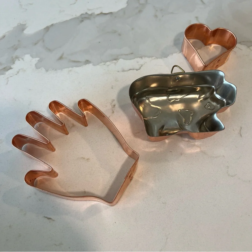Copper Cookie Cutter Set - Hand, Heart, pig